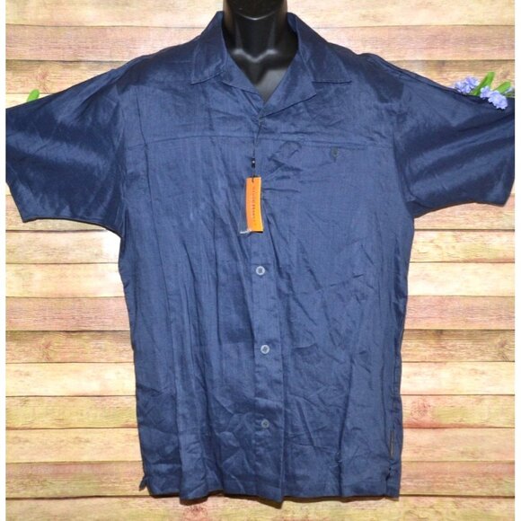 NWT Steve Harvey Classic Linen Blue Short Sleeve Button Up Camp Shirt Size XL - Picture 2 of 10